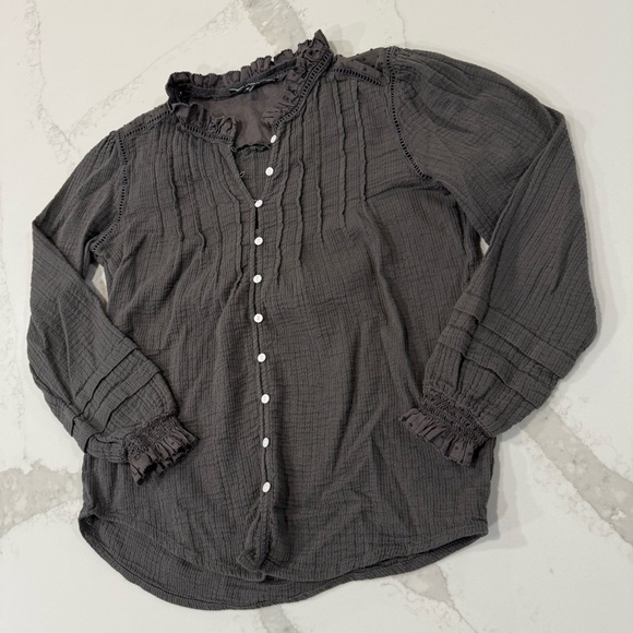 Quince Organic Textured Cotton Peasant Button Front Blouse Women’s Small Gray - Picture 3 of 8